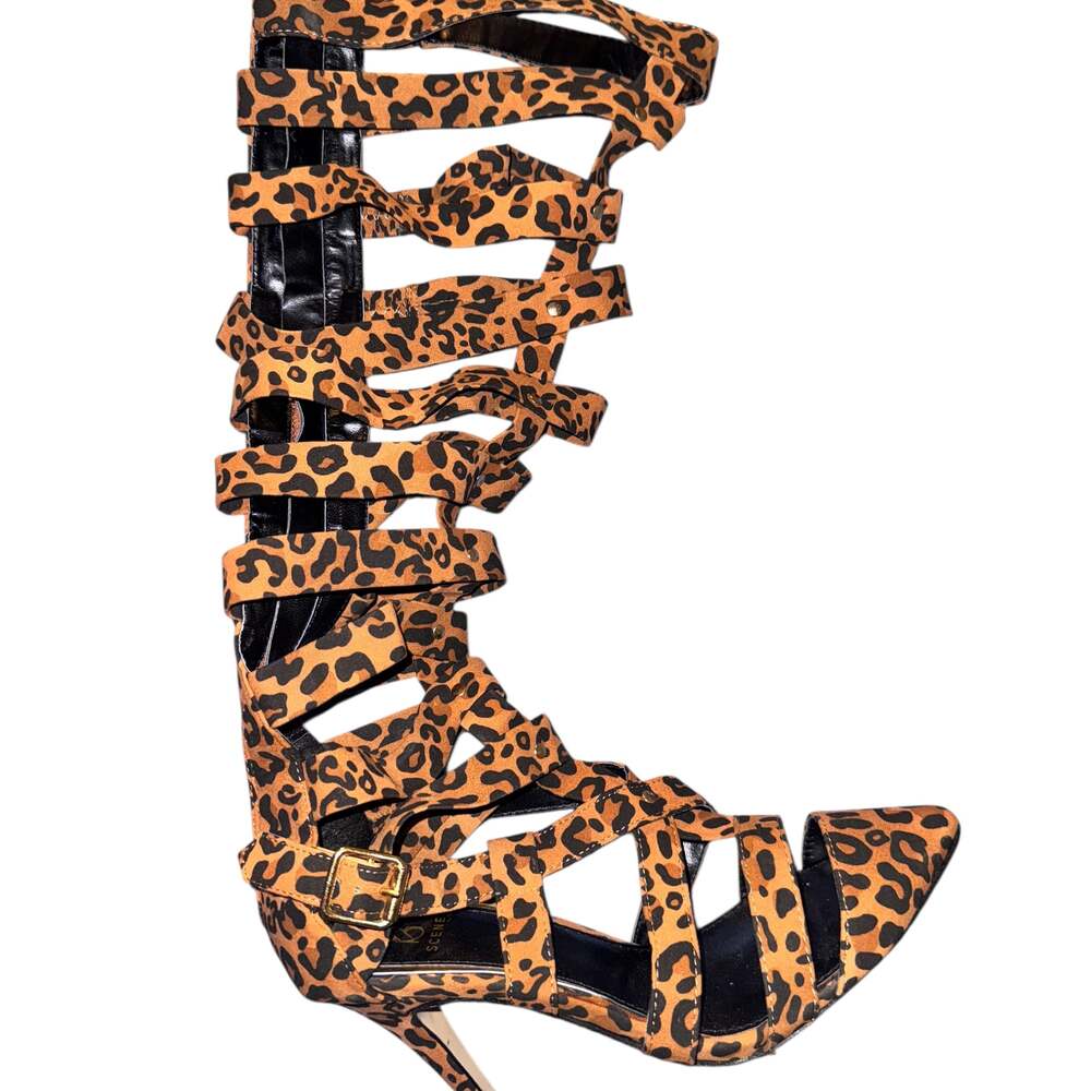 Women Fashion Apricot Leopard Print Hollow Knee High Boots, Stiletto Heel